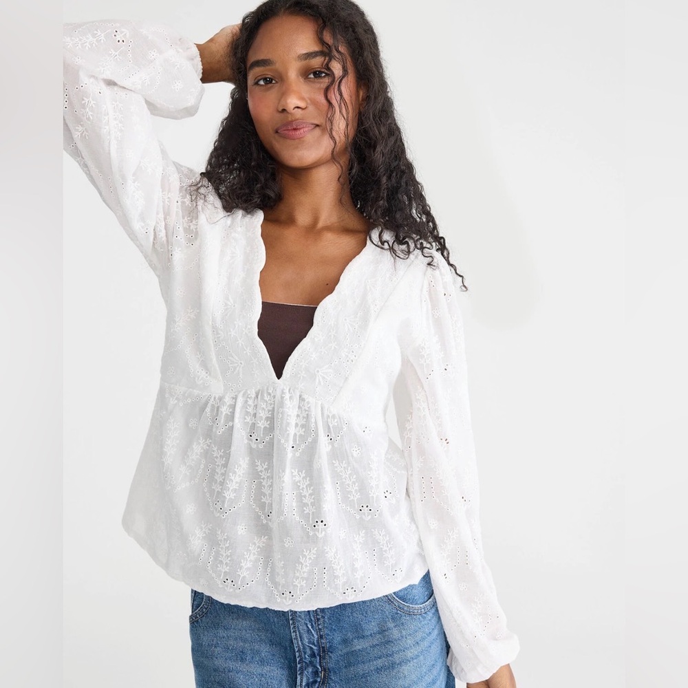 long sleeve eyelet v neck babydoll blouse